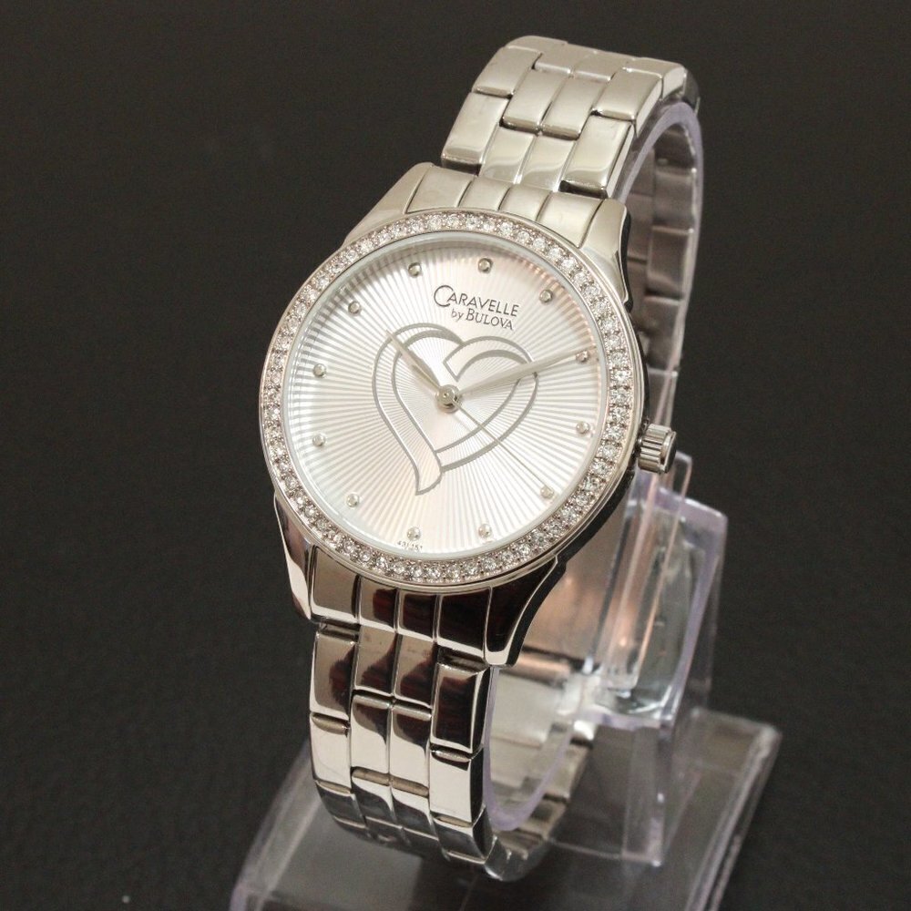 Caravelle Ladies Crystal Bezel Watch By Bulova Silver Tone Silver Heart Dial 32 - Picture 4 of 13